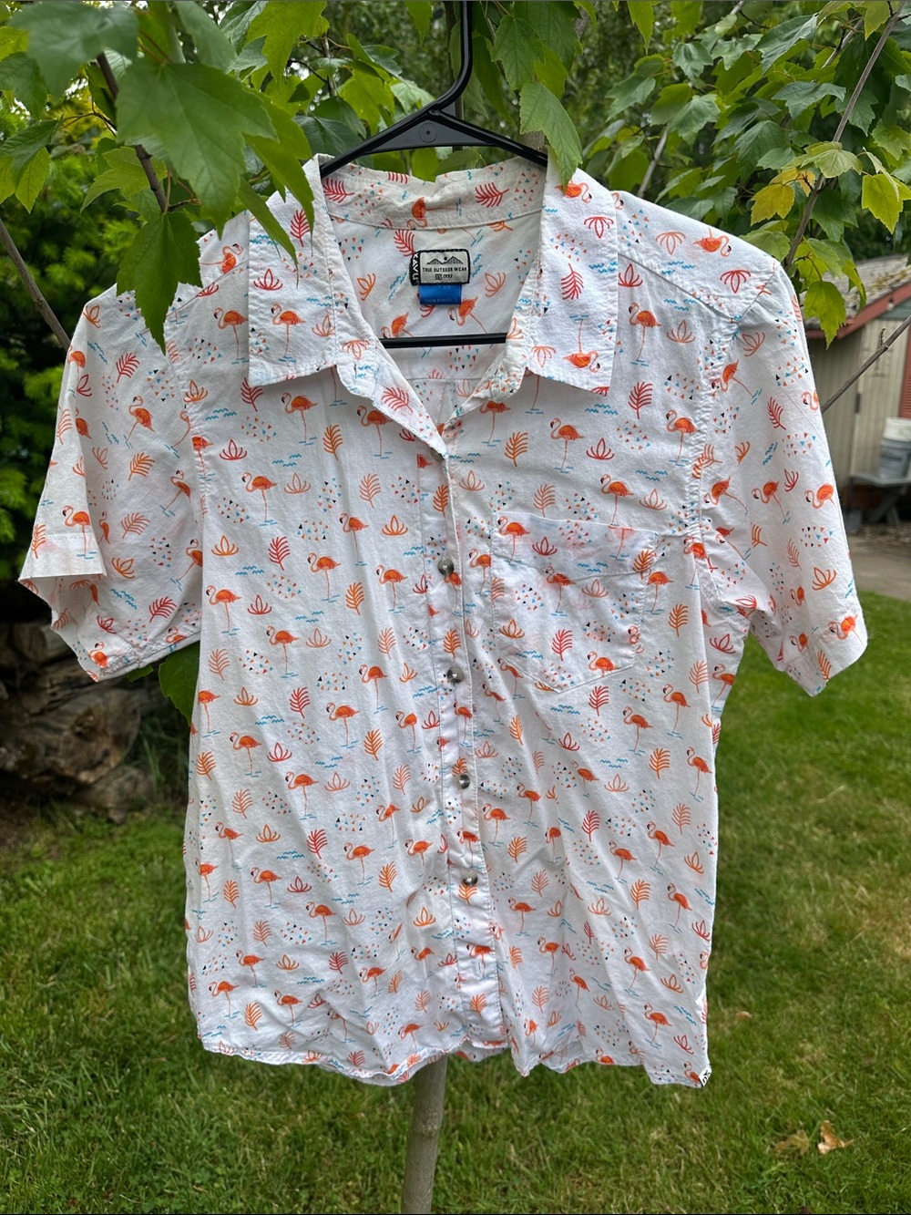 Kavu White Short-Sleeve Button-Down Shirt with Orange Flamingo Print